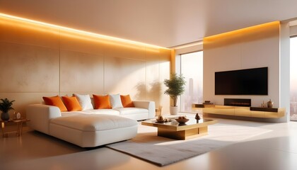 Fototapeta premium High end modern living room with white leather couch and a large flat screen tv mounted on the wall, brutalist architecture mixed with modern futuristic minimal design