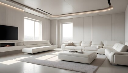 Fototapeta premium High end modern living room with white leather couch and a large flat screen tv mounted on the wall, brutalist architecture mixed with modern futuristic minimal design