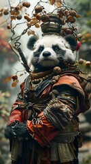 Whimsical Panda Balancing Chestnut Amidst Fantastical Forest Attire