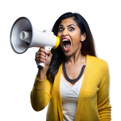 Naklejka premium Woman shouting through megaphone with a passionate expression