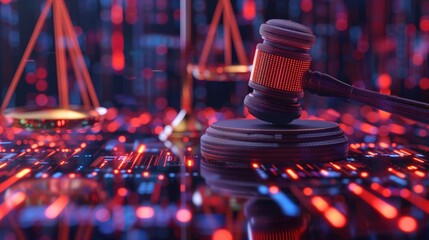 Cyber crime justice background Judge's gavel and scales standing on virtual table in digital cyberspace