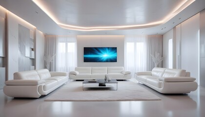 High end modern living room with white leather couch and a large flat screen tv mounted on the wall, brutalist architecture mixed with modern futuristic minimal design