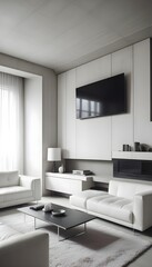 High end modern living room with white leather couch and a large flat screen tv mounted on the wall, brutalist architecture mixed with modern futuristic minimal design