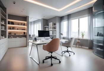 Fototapeta premium minimalist interior design style futuristic home office sleek furniture state of the art technology