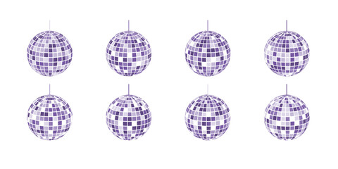 Purple discoball silhouettes. Disco music party glitterballs in 70s 80s 90s discotheque style. Shining nightclub mirror globes. Nightlife, holiday, fun retro symbols. Vector flat illustration