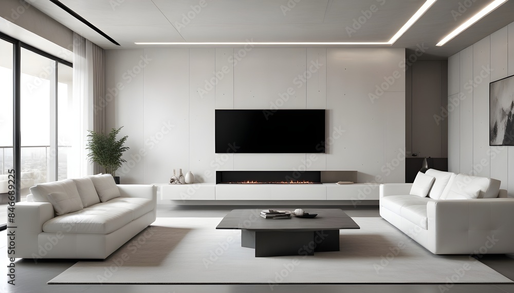 Wall mural High end modern living room with white leather couch and a large flat screen tv mounted on the wall, brutalist architecture mixed with modern futuristic minimal design