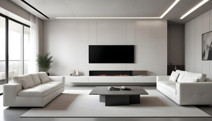 High end modern living room with white leather couch and a large flat screen tv mounted on the wall, brutalist architecture mixed with modern futuristic minimal design