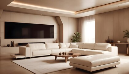High end modern living room with white leather couch and a large flat screen tv mounted on the wall, brutalist architecture mixed with modern futuristic minimal design