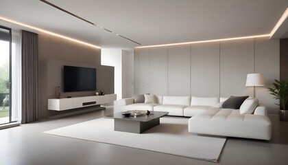 High end modern living room with white leather couch and a large flat screen tv mounted on the wall, brutalist architecture mixed with modern futuristic minimal design