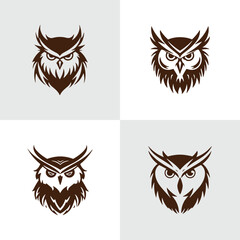 Set of Angry owl silhouettes. Suitable for logo, emblem, pattern, typography etc. Isolated on white background. Vector illustration