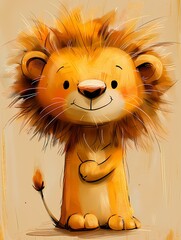 Sweet nursery art watercolor painting wall art for kids, children feature cute cartoon lion on beige background, wallpaper