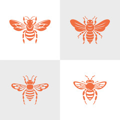 Set of Honeybee silhouettes. Suitable for logo, emblem, pattern, typography etc. Isolated on white background. Vector illustration