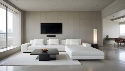 High end modern living room with white leather couch and a large flat screen tv mounted on the wall, brutalist architecture mixed with modern futuristic minimal design