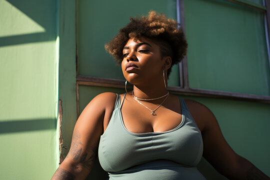 女, 女性, 黒人, 黒, 肥満, 太った女性, 緑, 多様性, モデル, 美しい女性, beautiful woman, black, black woman, obese, fat woman, green, diversity, model, girl, female, model