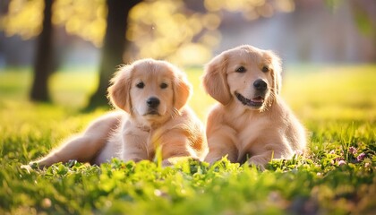 two golden retriever puppies laying in grass together at park during golden hour