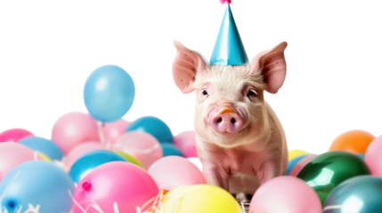 Pig celebrates his birthday on a transparent background