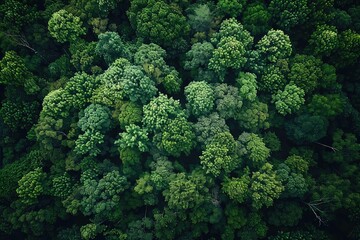 Fototapeta premium Aerial view of lush green forest canopy showcasing dense, thriving trees and rich foliage capturing the essence of natural beauty and wilderness.