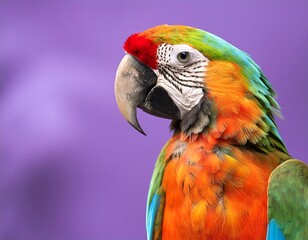 Obraz premium multicolored parrot with a detailed red beak against a soft-focus purple background, embodying the essence of tropical wildlife.