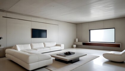High end modern living room with white leather couch and a large flat screen tv mounted on the wall, brutalist architecture mixed with modern futuristic minimal design