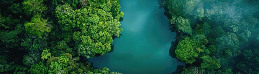 Naklejka premium Aerial view of a lush, green forest surrounding a tranquil blue lake, creating a peaceful and natural landscape scene.