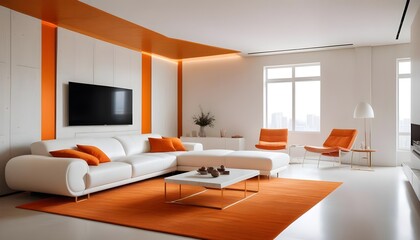 High end modern living room with white leather couch and a large flat screen tv mounted on the wall, brutalist architecture mixed with modern futuristic minimal design