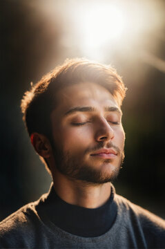 mystical man meditating, dreaming and praying in light, spiritual and religious people