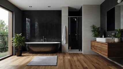 Modern bathroom design with a shower area and bathtub including a wall mirror beside a fancy plant. Ai Generative.
