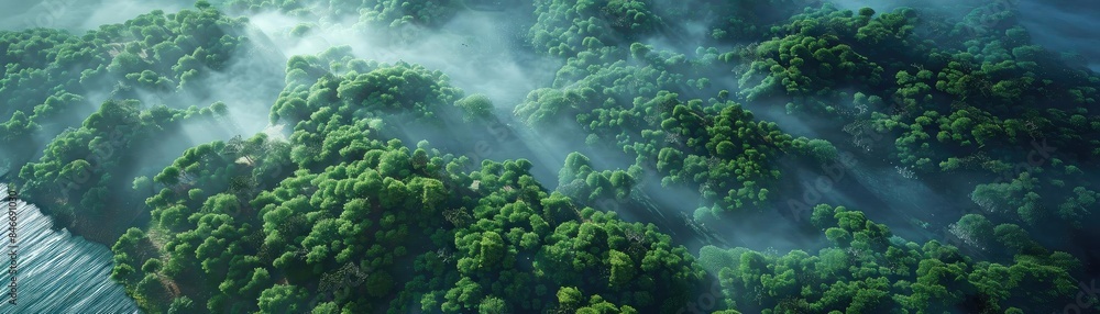 Poster aerial view of a lush green forest covered in mist with sunlight streaming through trees and a coast