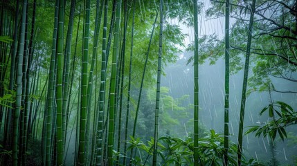 Fototapeta premium Serene bamboo forest scene with tall green bamboo stalks and lush foliage on a misty day, evoking tranquility and peace.