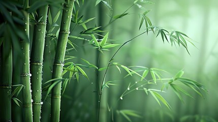 A serene, green bamboo forest. Dew drops on leaves create a fresh, tranquil atmosphere perfect for nature or zen-themed projects.