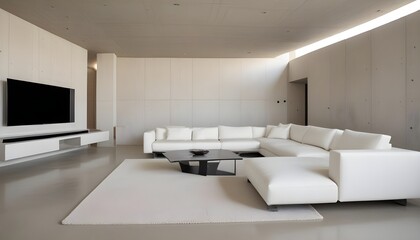 High end modern living room with white leather couch and a large flat screen tv mounted on the wall, brutalist architecture mixed with modern futuristic minimal design