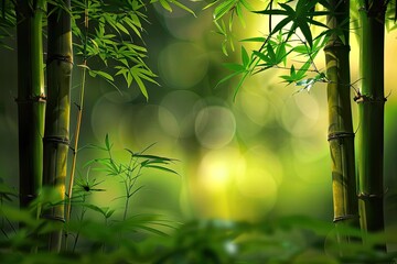 Obraz premium Serene bamboo forest bathed in soft sunlight with a tranquil natural ambiance, creating a peaceful and calming atmosphere.
