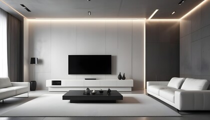 High end modern living room with white leather couch and a large flat screen tv mounted on the wall, brutalist architecture mixed with modern futuristic minimal design
