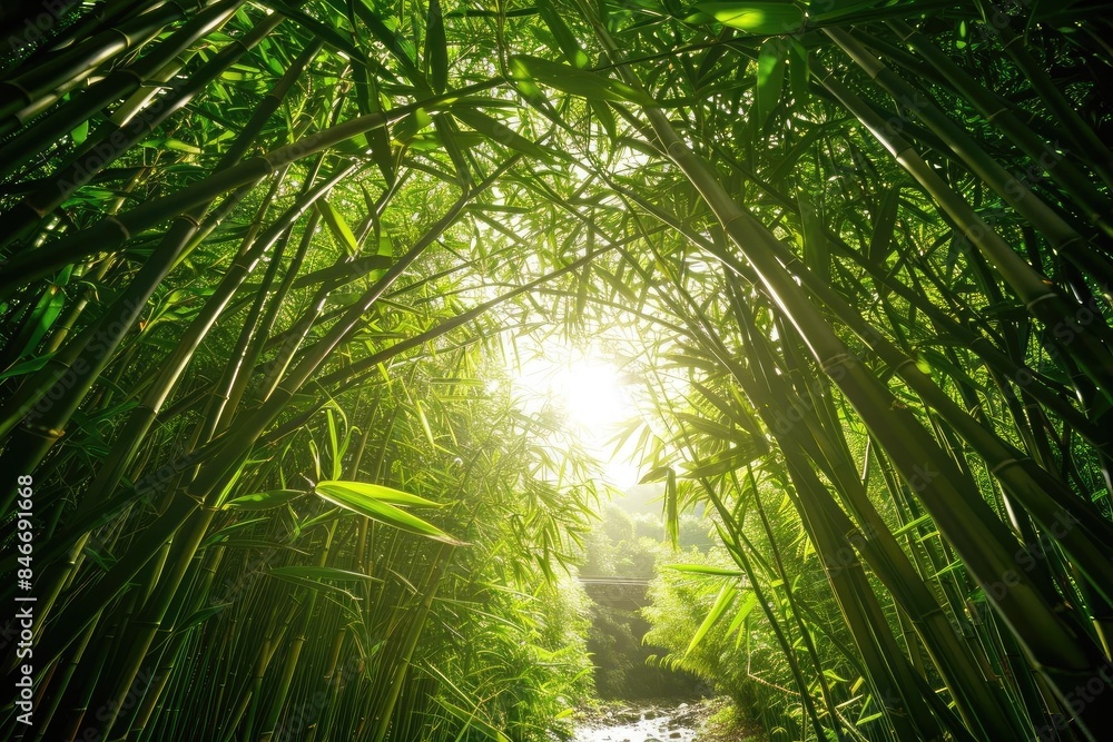 Poster sunlight filtering through dense green bamboo forest creating a natural tunnel effect with a serene,