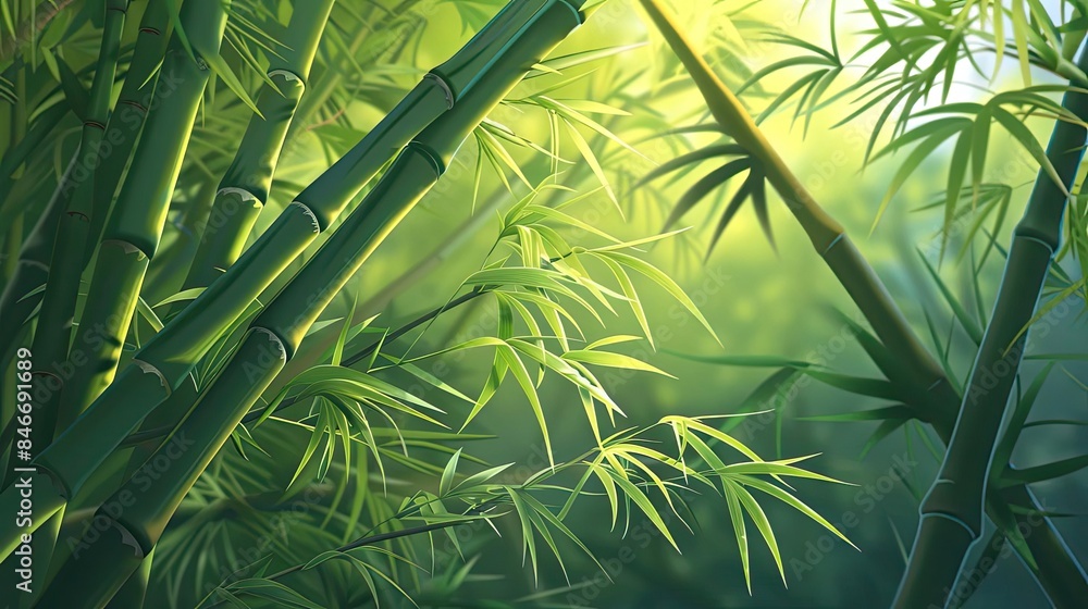 Poster serene bamboo forest with sunlight filtering through leaves, creating a tranquil and natural atmosph