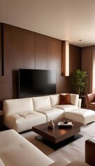 Fototapeta premium High end modern living room with white leather couch and a large flat screen tv mounted on the wall, brutalist architecture mixed with modern futuristic minimal design