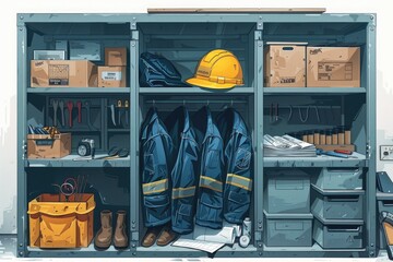 Firefighting tools arranged neatly in a row of cabinets