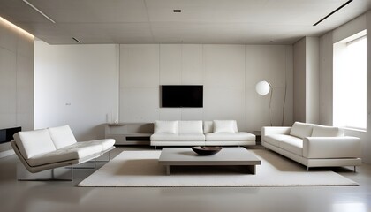 High end modern living room with white leather couch and a large flat screen tv mounted on the wall, brutalist architecture mixed with modern futuristic minimal design