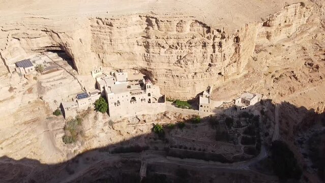 Aerial video above saint george monastery on a sunny day, Israel