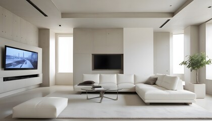 Fototapeta premium High end modern living room with white leather couch and a large flat screen tv mounted on the wall, brutalist architecture mixed with modern futuristic minimal design