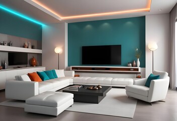 High end modern living room with white leather couch and a large flat screen tv mounted on the wall, brutalist architecture mixed with modern futuristic minimal design