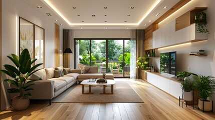 Fototapeta premium A modern living room and kitchen interior with a wooden floor, white walls, a sofa set, TV stand, dining table, bar counter, cabinets, windows, natural light, and green plants for decoration.