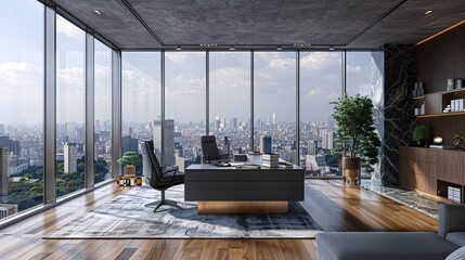 Modern office interior with gray wall, wooden floor and glass walls. Wide angle view of minimalist executive corner desk in modern business agency with cityscape outside window. Photorealistic