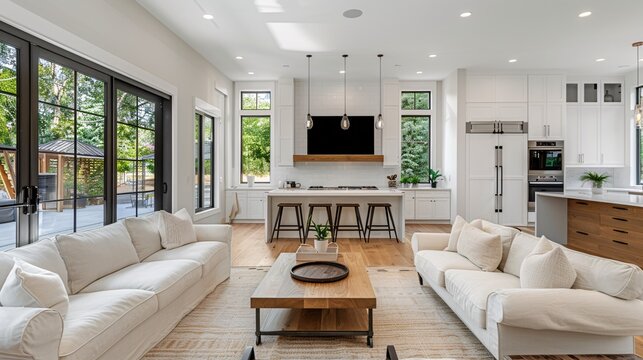A modern living room and kitchen interior with white walls, wooden floorboards, and large windows. The furniture includes sofas in neutral tones, with an open concept layout allowing for easy