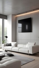 High end modern living room with white leather couch and a large flat screen tv mounted on the wall, brutalist architecture mixed with modern futuristic minimal design