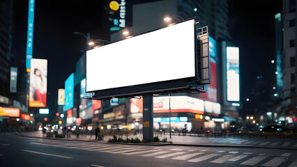 Blank horizontal space billboard, blank white signboard on roadside in city, horizontal isolated billboard in city at night time, white signboard or light box on roadside for advertising placement