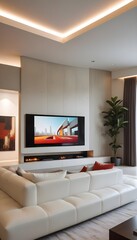 High end modern living room with white leather couch and a large flat screen tv mounted on the wall, brutalist architecture mixed with modern futuristic minimal design