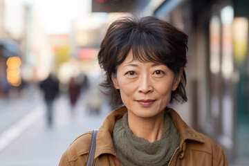 Portrait of a Smiling Middle-Aged Woman on a Busy Urban Street Highlighting Confidence and Urban Lifestyle Talking Head Vox Pop