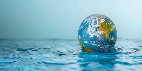 Earth globe inside the water , concept of global warming and climate change. copy space.