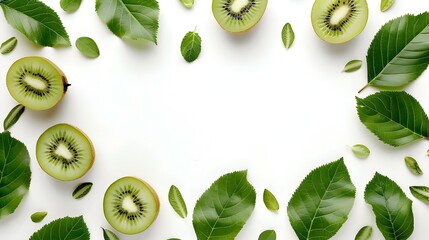 Fototapeta premium Beautiful Kiwi Fruit with Leaves Forming a Natural Border Frame on White Background